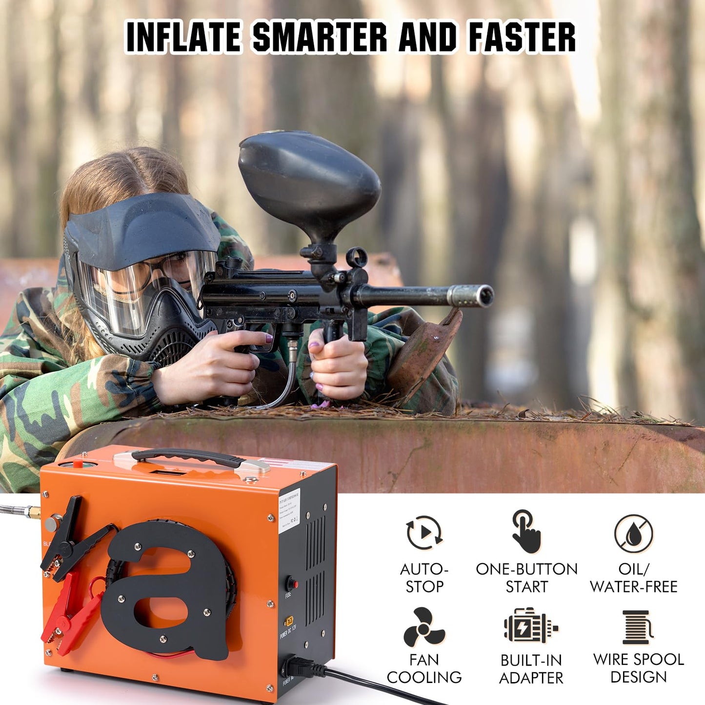 PCP Air Compressor with Atuo Shut-Off, Portable 4500Psi/30Mpa, Water/Oil-Free, One Button Start, Bursting Disc, 12V DC/120V AC PCP Airgun Compressor, Rifle/Pistol and Paintball Tank Air Pump (Orange)