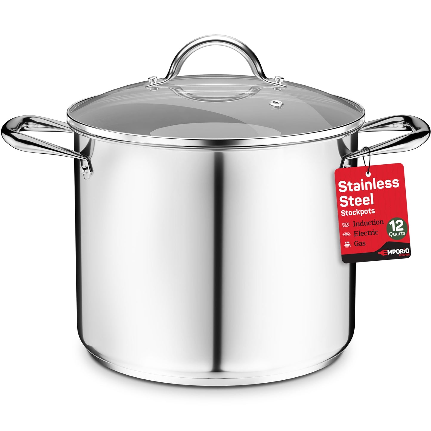 Stainless Steel Stockpot with Tempered Glass Lid 12 Quart, Durable 18/0 Stainless Steel, Impact-Bonded Base for Even Heating, Riveted Handles, Oven & All Stove Compatible, Safe Up To 500°F (260°C)