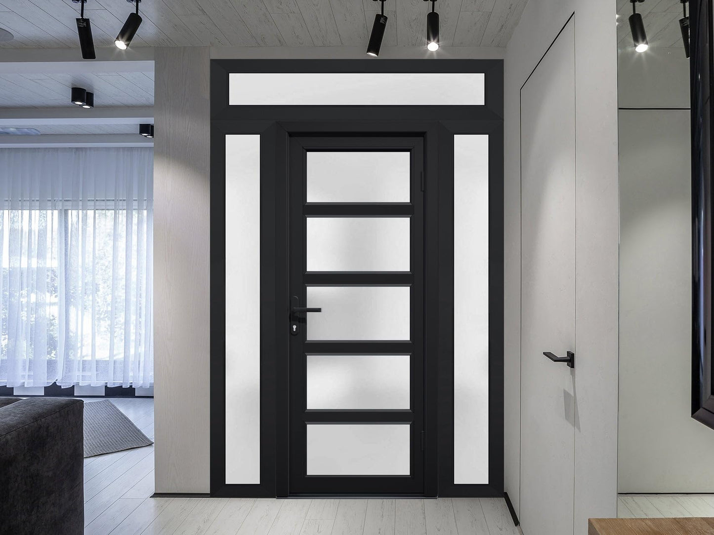 VDOMDOORS Front Exterior Prehung Fiberglass Door Frosted Glass/Manux 8002 Matte Black / 2 Side and Top Exterior Window/Entrance Patio Garage-W14+36+14" x H80+14"-Left-Hand Inswing