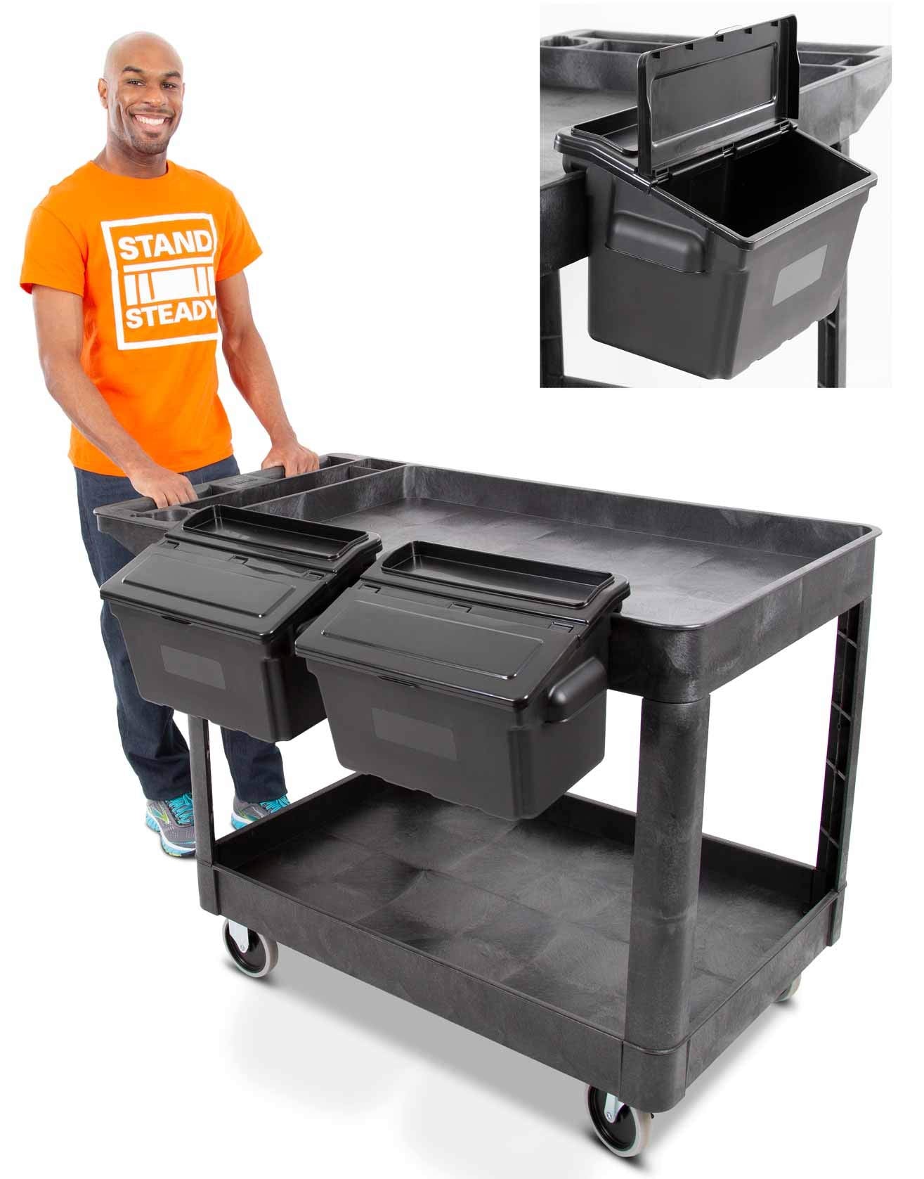 Original Tubstr Extra Large Utility Cart with 2 Attachable Storage Bins - Heavy Duty Tub Cart Supports 500 Pounds - 2 Shelf Huge Rolling Cart - Great for Warehouse, Garage & More (45.5 x 24.5 / Black)