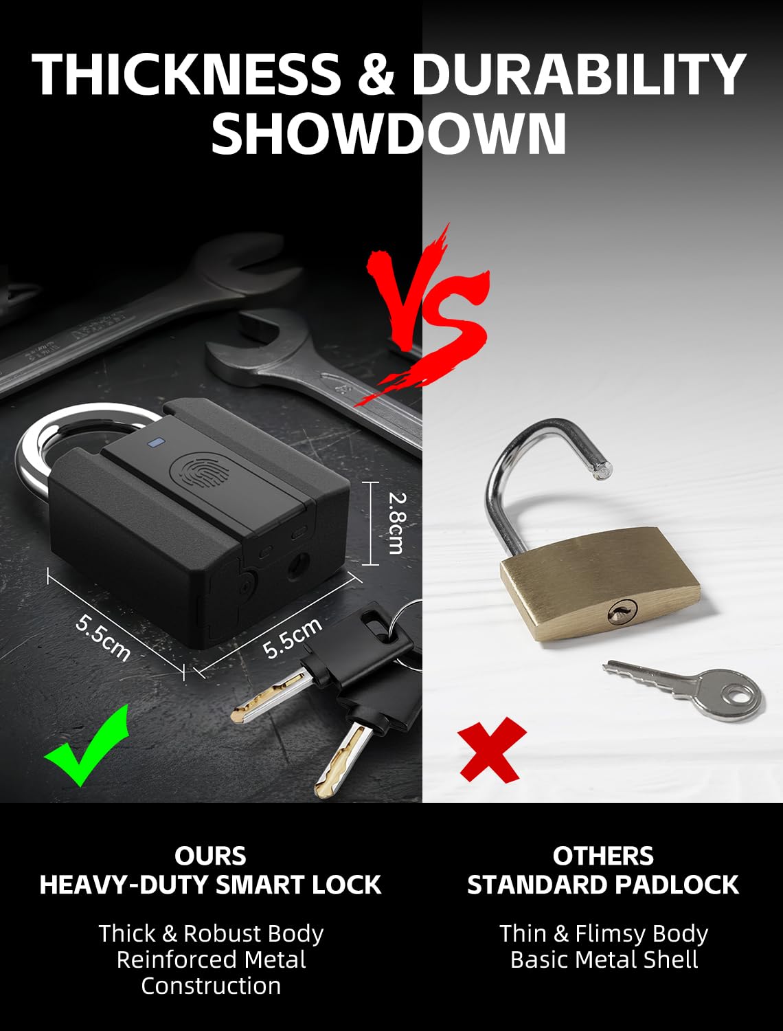 Smart Fingerprint Padlock with Key Backup, Stores 20 Prints, IPX5 Waterproof, Keyless Lock with CR2032 Battery for Gym Locker, Gate, Fence & Shed (Black)