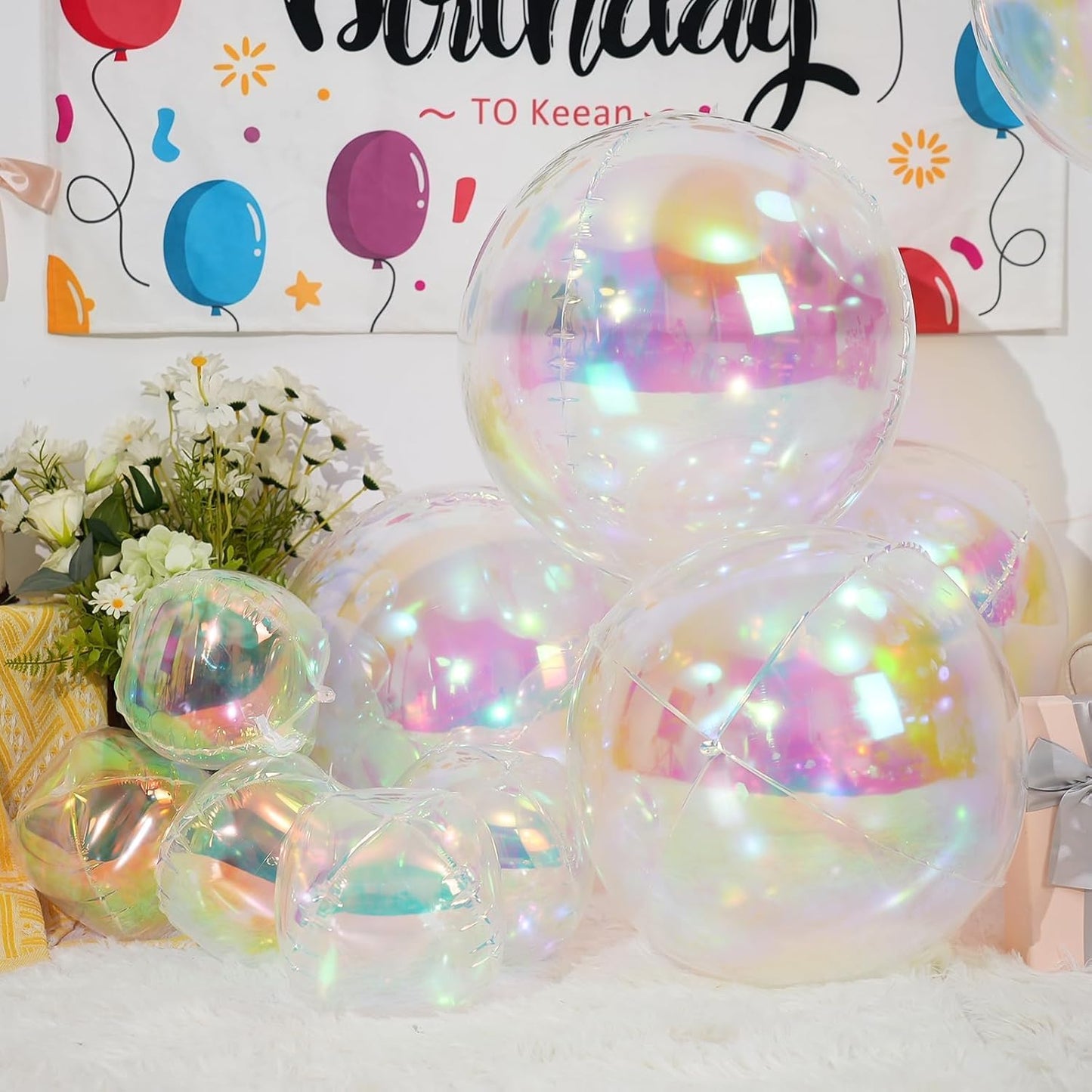 Skiennix 12Pcs Iridescent Round Foil Balloons - Holographic 4D Clear Balloons for Birthday & Wedding Decor