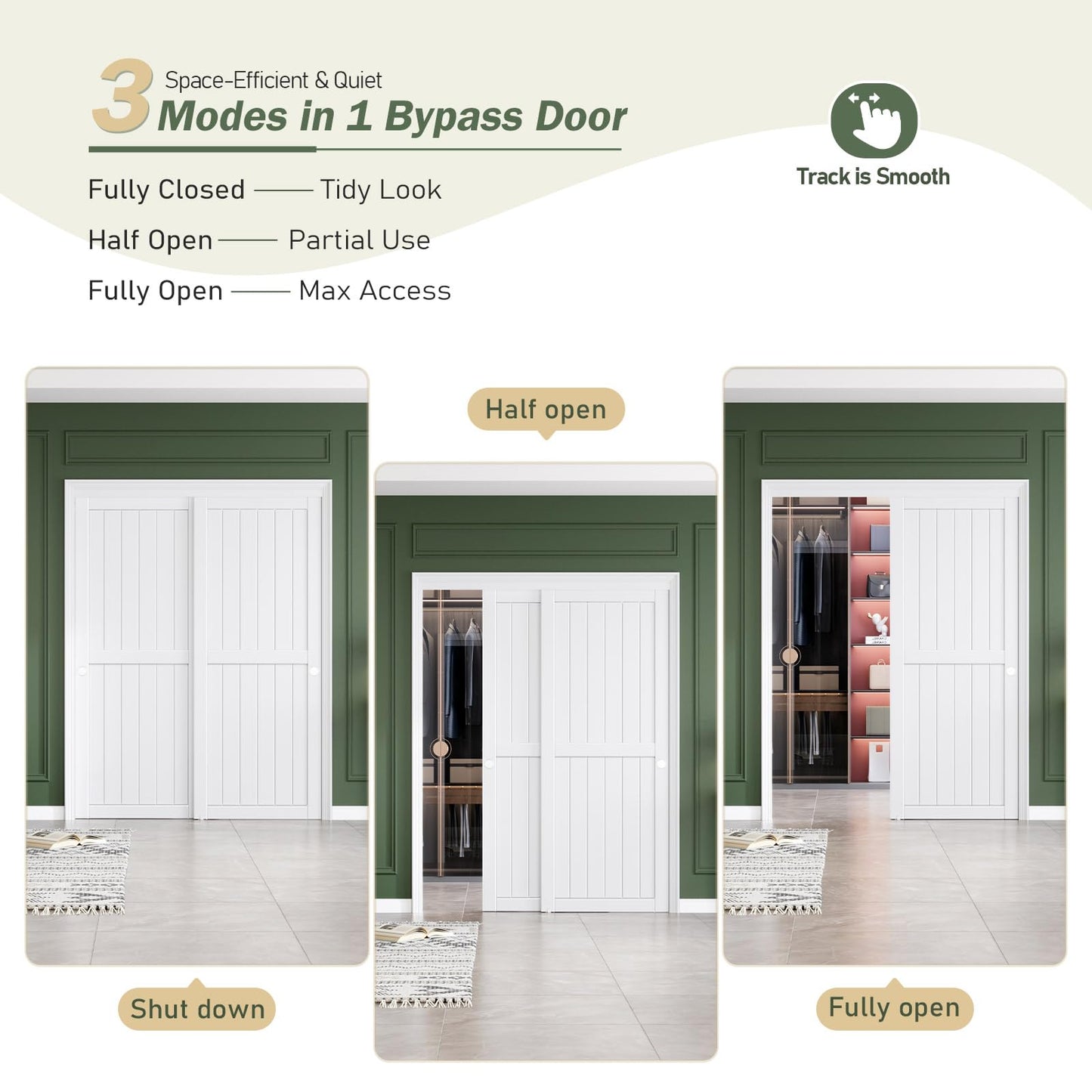 FREDBECK Sliding Closet Doors 64x80(Double 33inch),Bypass Barn Door with Hardware,for Bedroom,White,H Frame,Assemble Required