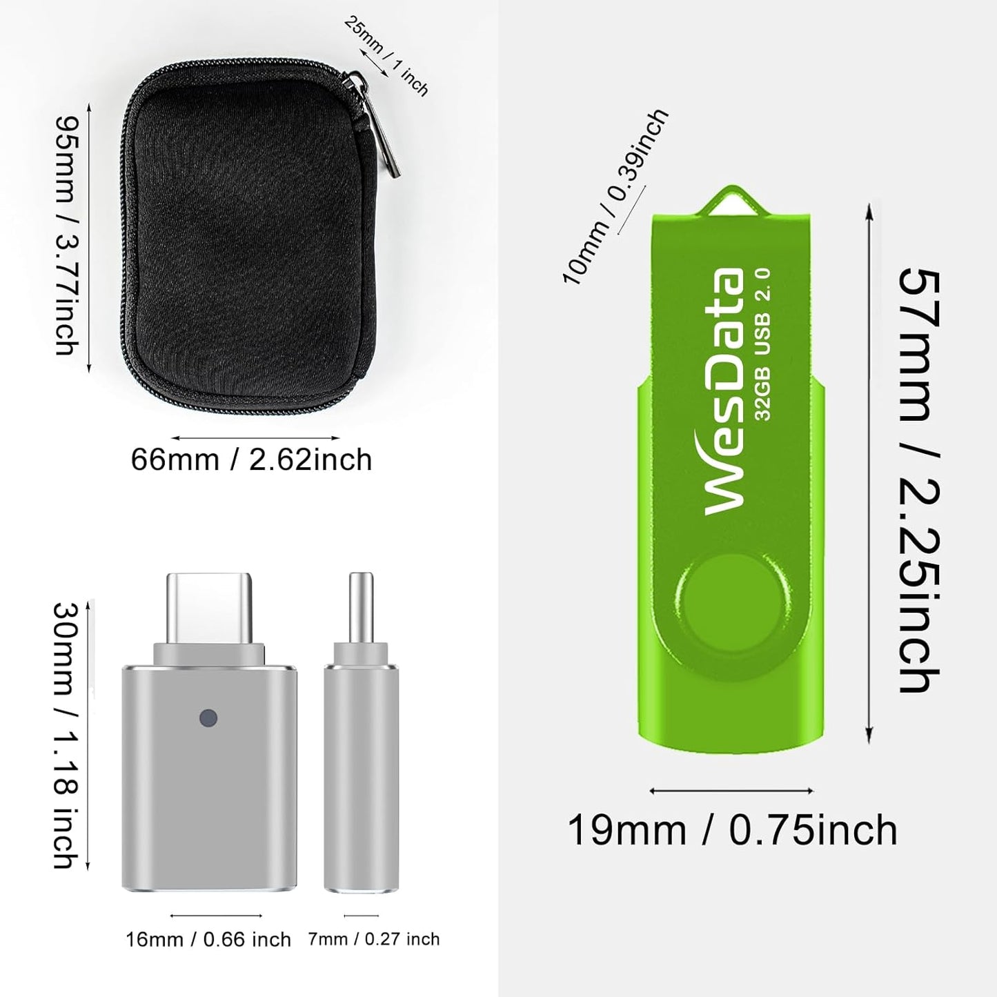WesData 5 Pack 8GB 2 Pack PC(5 USB Flash Drive and USB C Adapters in a Case, Thumb Drives Memory Stick Storage