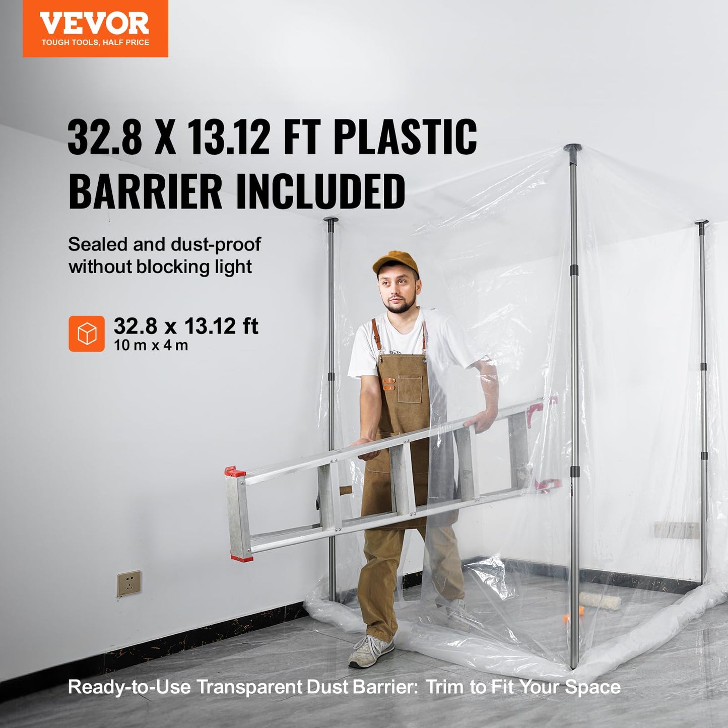 VEVOR Dust Barrier Poles, 10 Ft Telescoping System with 4 Poles, Carry Bag, and 32.8x13.12 Ft Plastic Film for Interior Decoration and Painting