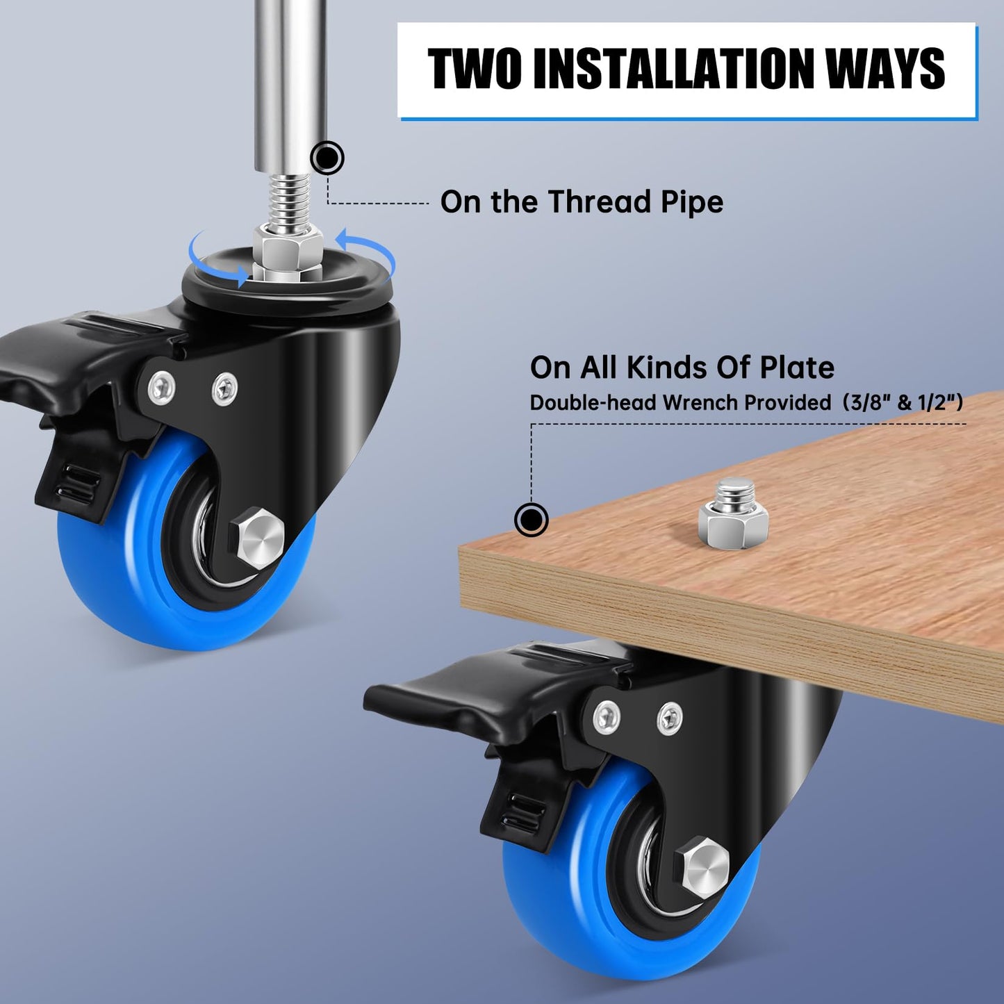 Humagineer Stem Caster Wheels 2 Inch, Heavy Duty Threaded Stem Casters, 3/8"-16 x 1 (Screw Diameter 3/8", Length 1") Swivel Casters Set of 4 with Safety Dual Locking Wheel for Furniture and Cart
