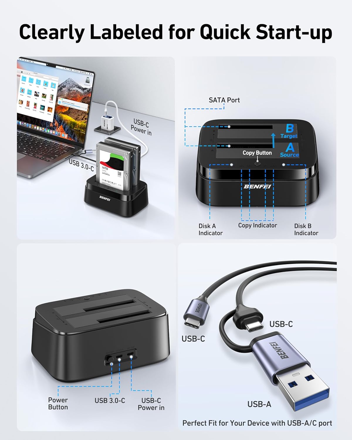 BENFEI 2.5/3.5" 5Gbps Hard Drive Docking Station with UASP Offline Clone Function, USB C Dual Bay Dock for HDD SSD, Up