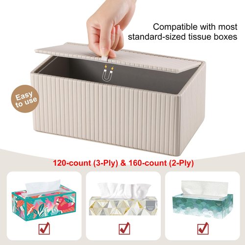 KINGFOM PU Leather Tissue Box Cover Rectangular Tissue Box Holder with Magnetic Bottom, Napkin & Facial Tissue Holder Dispenser for Home, Office for Standard 120-count/160-count (2-Ply) Beige Stripe