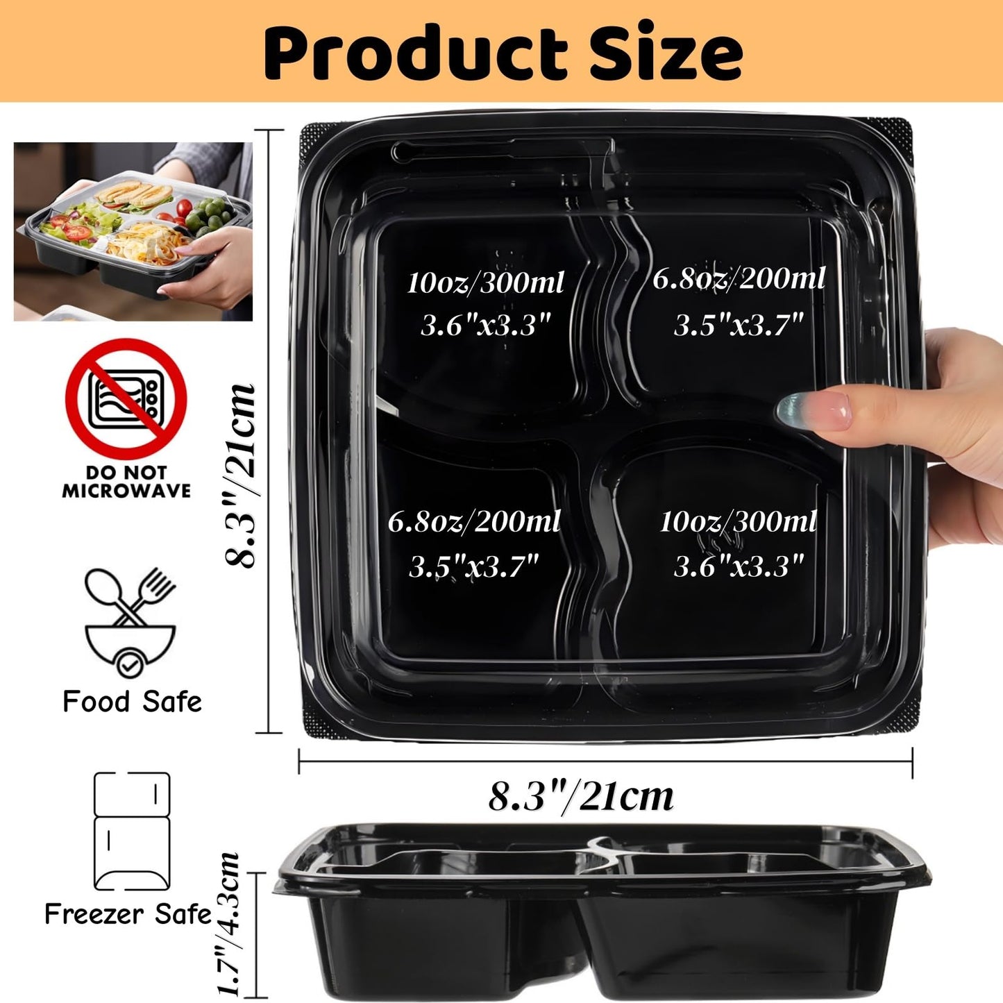 Noamus 30 Pack (60-Pcs) Meal Prep Containers, 4 Compartment Bento Lunch Box with Lid, Disposable Plastic Food Storage To Go, 34oz Portion Control Take Out Box for Adult, Not Microwave Dishwasher Safe
