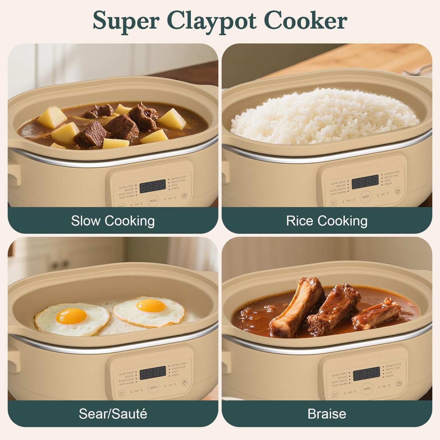 MAGNIFIQUE 4 Quart Programmable Casserole Slow Cooker, 8-in-1 Multi Cooker with Removable Non-Toxic Stoneware Crock, Claypot Slow Cooker, Rice-cooking, Nonstick, Oven Safe Pot to 450°F, Brown