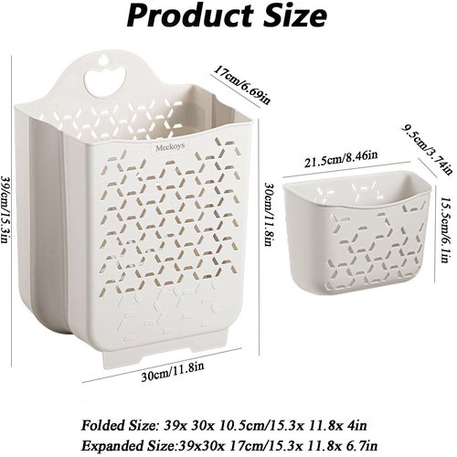 Mcckoys Foldable Hanging Laundry Baskets with Carry Handle Plastic Laundry Hamper Wall Adhesive Hanging Storage Basket Dirty Clothes Storage Bin Multi-function Storage Container Combo 2-piece Set