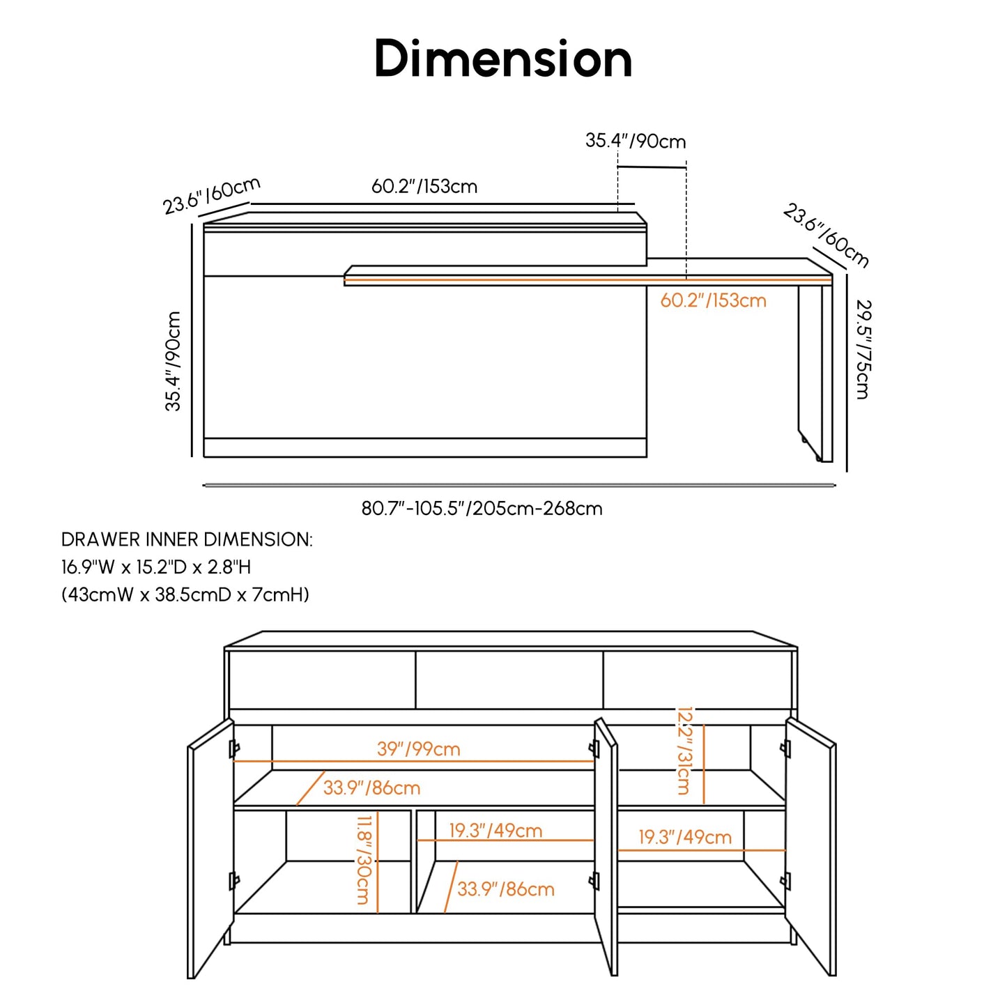homary Extendable Kitchen Island, 81"-106" Kitchen Island Cabinet with Sintered Stone Top, Storage Drawers & Doors, White, Right-Hand Facing