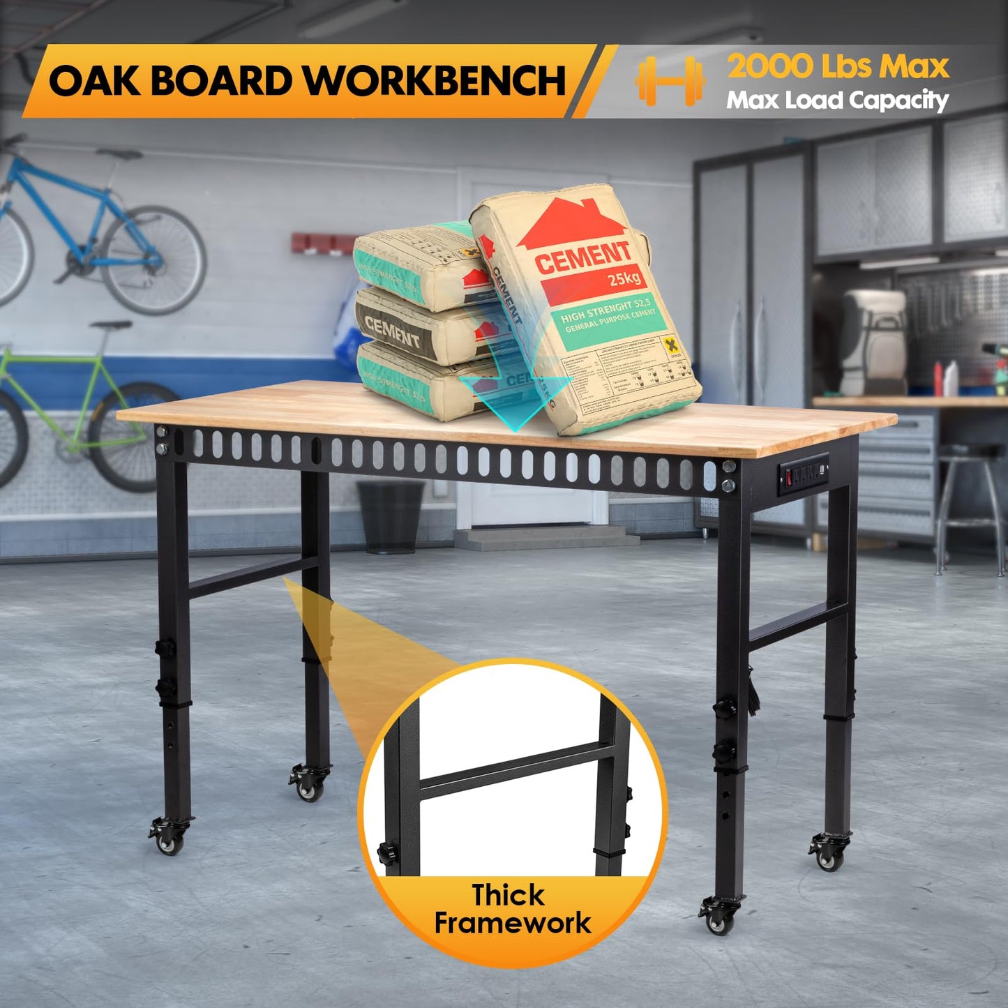 GVGBUK 48" Height Adjustable Workbench, 2000 LBS Load Capacity Rubber Wood Top Workstation, Heavy-Duty Hardwood Worktable for Garage Workshop (with Wheels and Socket,48'')