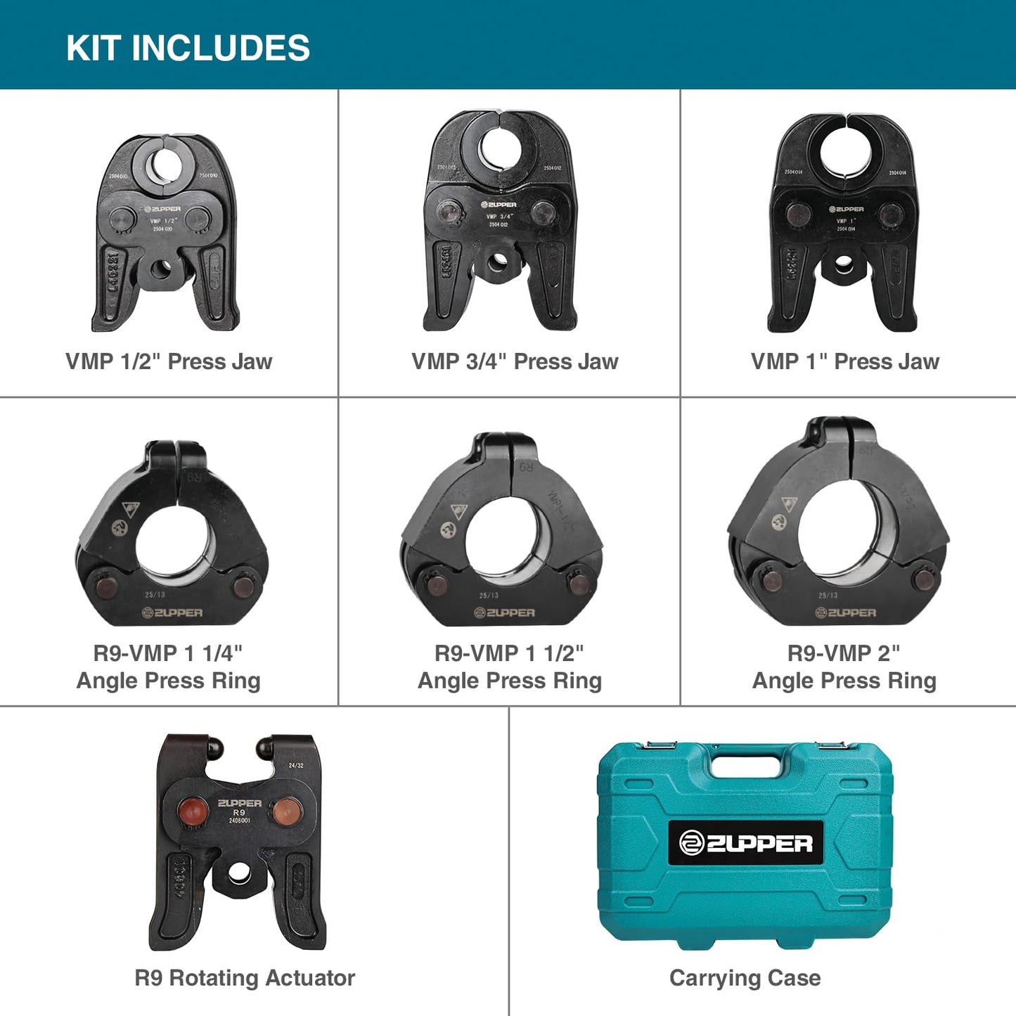 ZUPPER MegaPress Jaws, 1/2" to 2" Standard Pressing Jaws and Rings Kit for Carbon Steel Pipes, Compatible with Standard Press Tools (32 kN / 7,200 lbs) - with Carrying Case