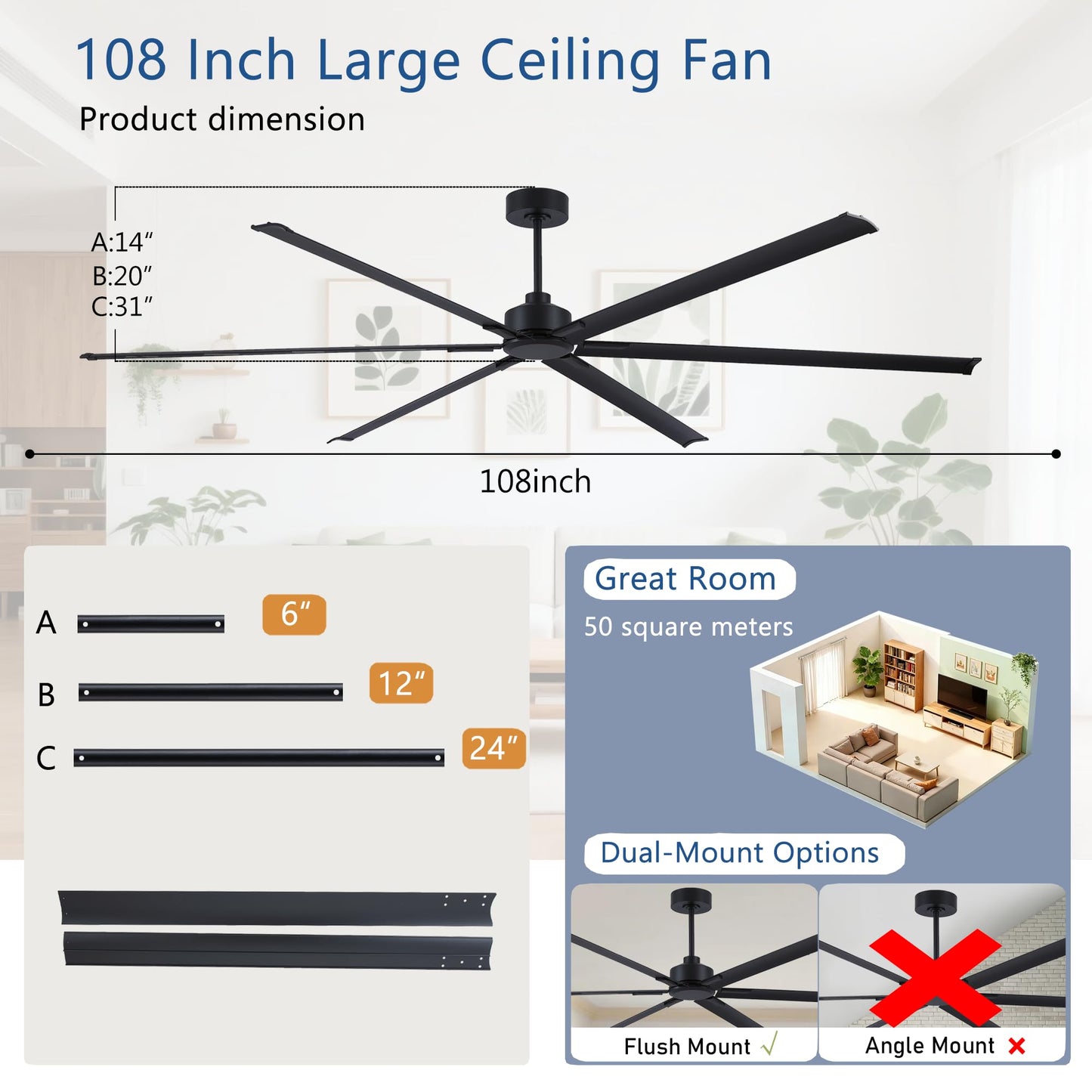 FUMLTP 108 inch Large Ceiling Fans No Lights with Remote Control,Black Modern Industrial Ceiling Fan for Garage Living Room Patio Farmhouse, 6 Speed Reversible Quiet DC Motor, Timer, 6 Blades.