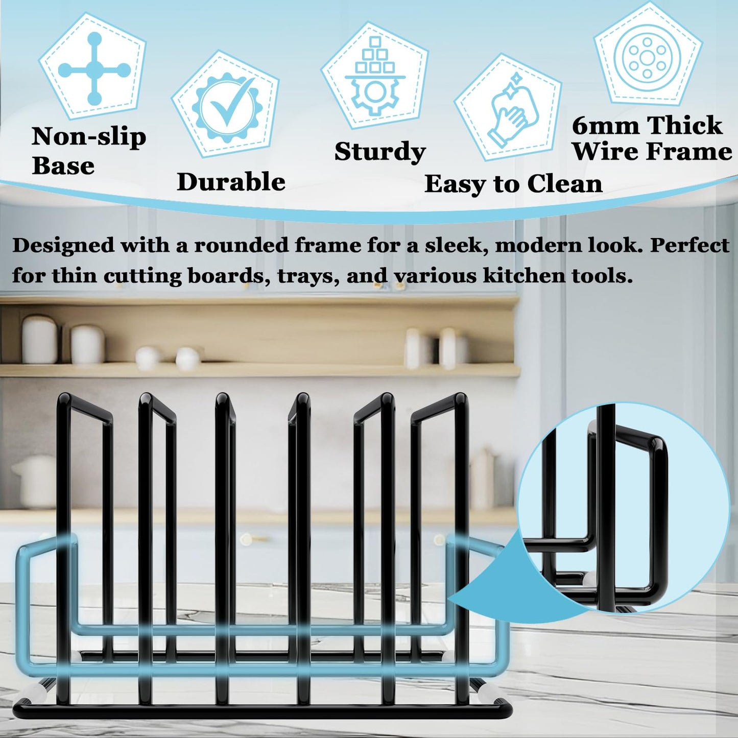 Cutting Board Organizer Rack with 7 Compartments, Heavy-Duty Iron Pan and Baking Sheet Organizer, Kitchen Cabinet Storage Rack with Non-Slip Base, Space-Saving Pot Lid Holder for Countertop & Pantry