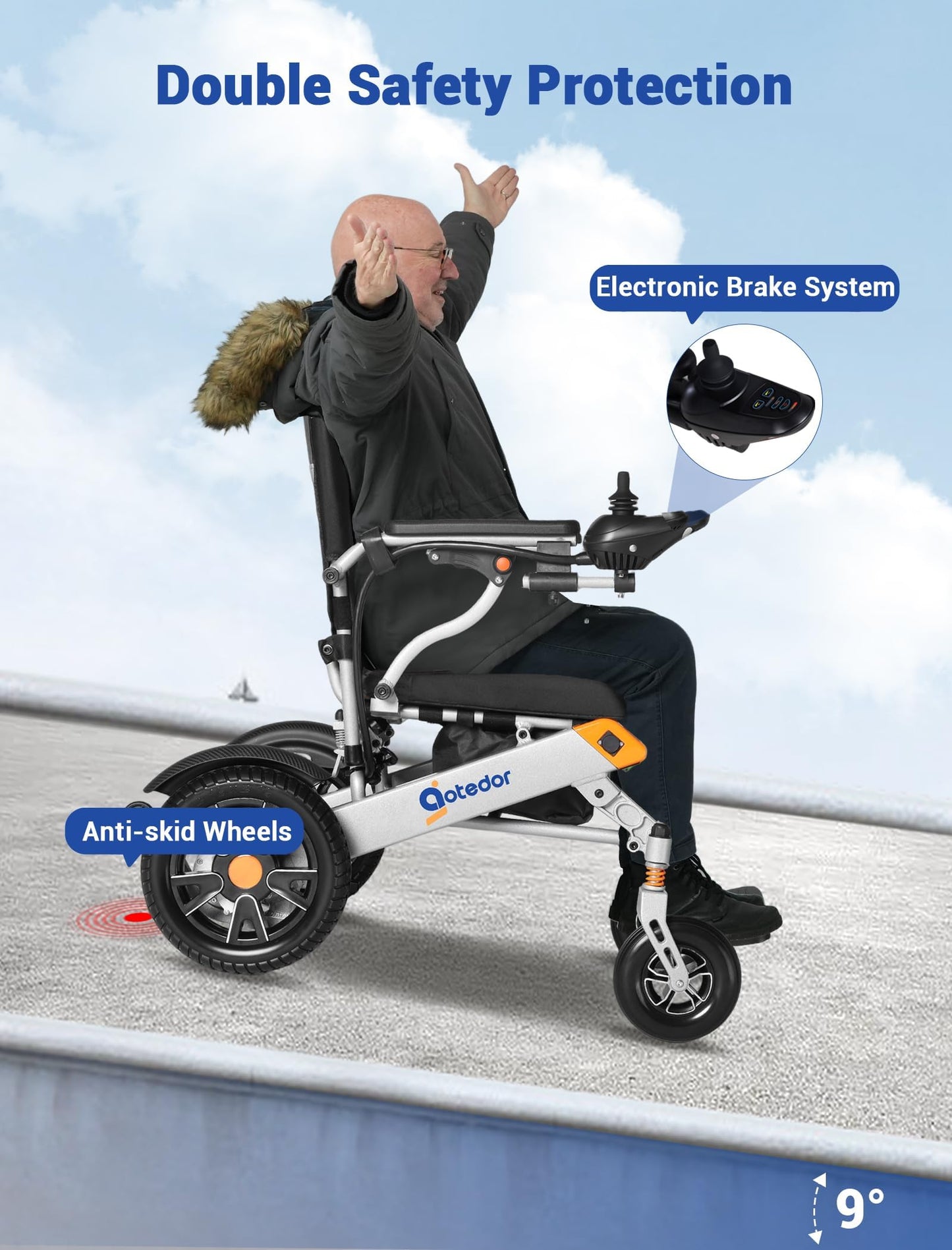 Aotedor Electric Wheelchairs for Adults,Equipped with 2 Packs Safe Side Slide-in Batteries 20 Miles Travel Range All Terrain Motorized Wheelchair for Seniors Airline Approved (Silver-Orange)