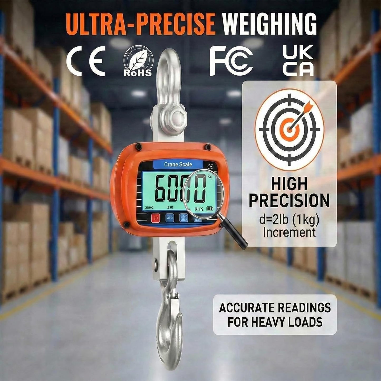 RESHY 11000Lbs / 5 Ton Digital Crane Scale, 2lb (1kg) Accuracy Heavy Duty Cast Aluminum Hanging Scale w/Wireless Remote, Temp & Humidity Monitor for Industrial, Warehouse