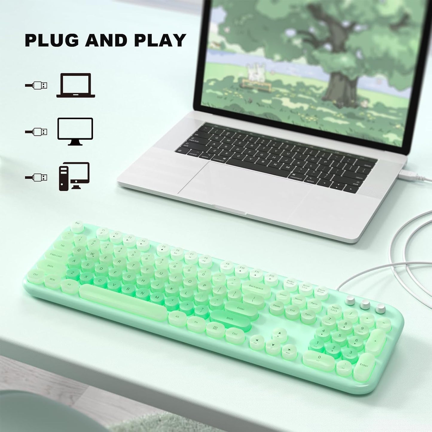 MOWUX Computer Keyboard Wired, Plug and Play USB Retro Round Typewriter Keyboard, Full Size Wired Keyboard