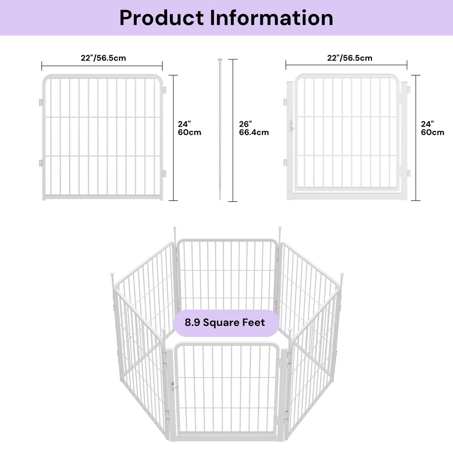 SunsGrove Garden Fence with Gate, 24 in(H) x 11.1 ft(L) 6 Panels Heavy Duty Metal Animal Barrier Fence for Yard, Suitable for Indoor or Outdoor Dog Pet Fence, Garden Fence Border, White