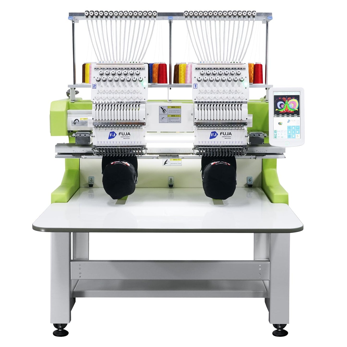 FUJA Embroidery Machine with 2 Heads 15 Needles 1200 SPM Max Speed 10" Touch Screen Embroidery Area 15.7" × 19.7" Wifi available suitable for 3D Caps Flat T shirt Embroidery and so on
