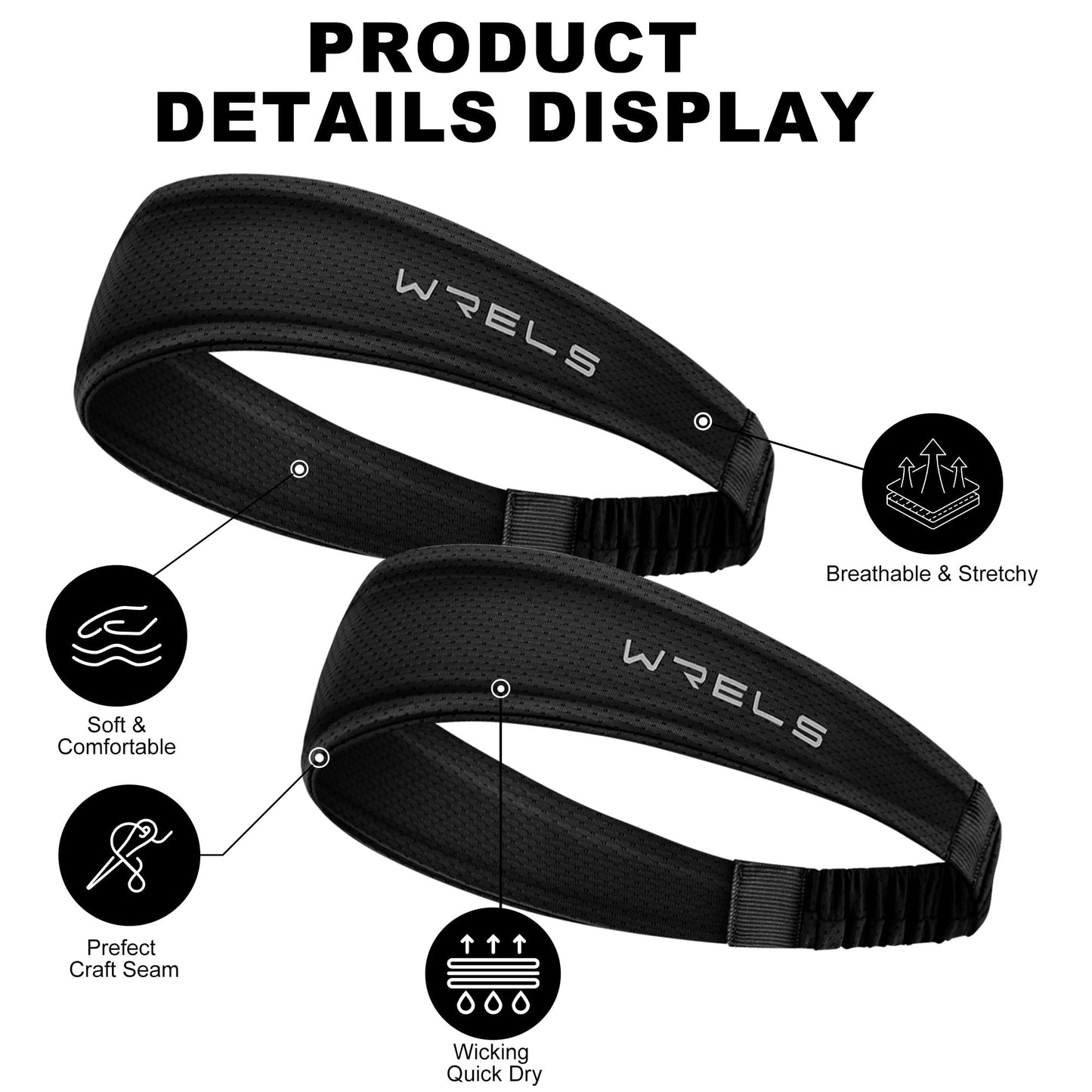 WRELS Cooling Headband Moisture Wicking Sweatband Women & Men for Outdoor Sports, Fitness, Yoga, Tennis, Fitness, Workout – 3 Pack