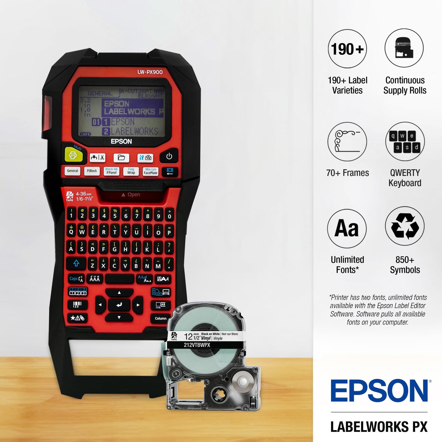 LABELWORKS Epson Asset Management Bundle - LW-PX900PCD Industrial Label Maker Kit, 236SMPX, 224SMPX, and 212SMPX PET (Polyester) Tape Cartridges - Black on Silver Matte Label Maker Tapes
