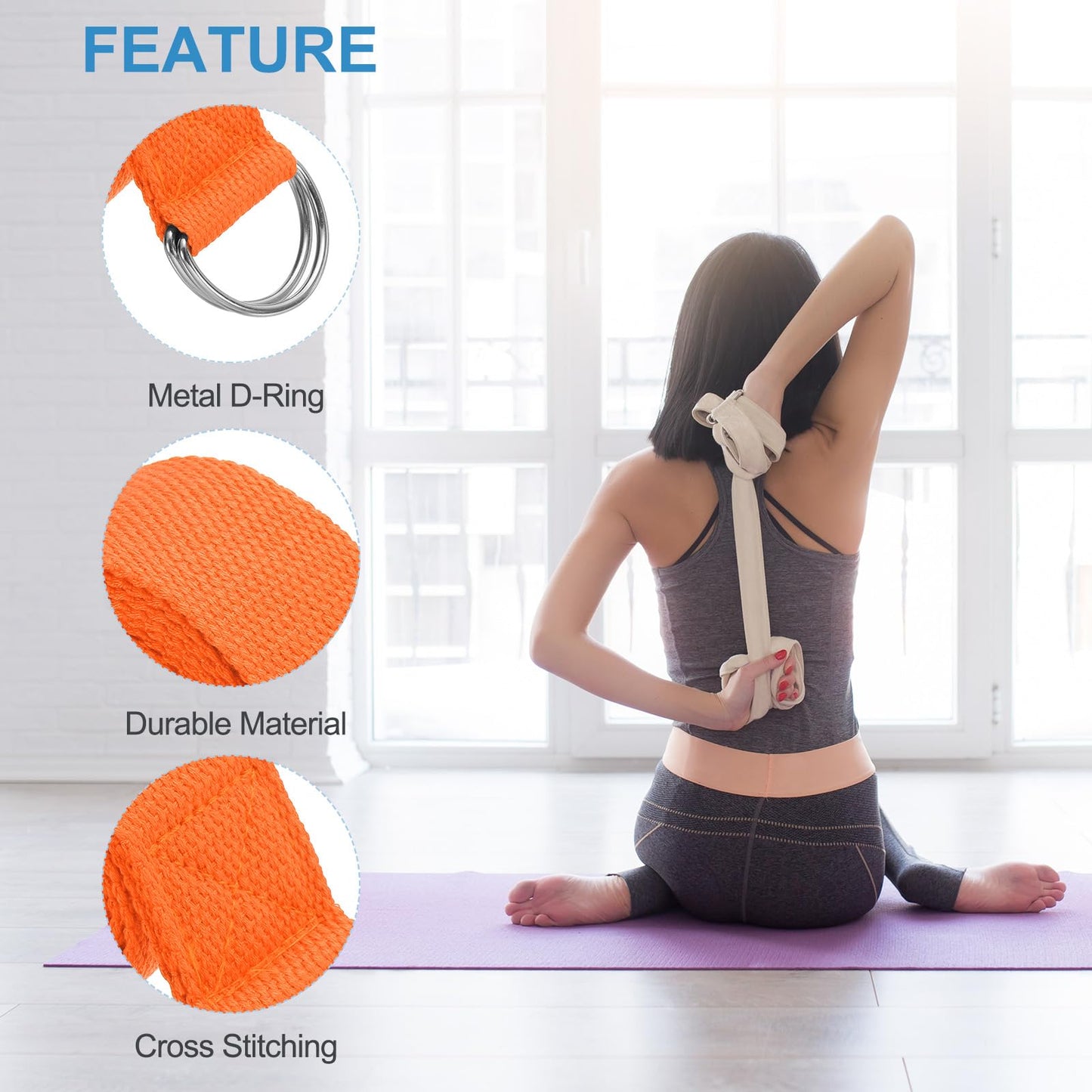 PATIKIL Yoga Strap for Stretching 8 Feet, 3Pcs Cotton Yoga Belt with Adjustable Metal D-Ring Buckle Stretch Bands for Fitness Pilates, Orange