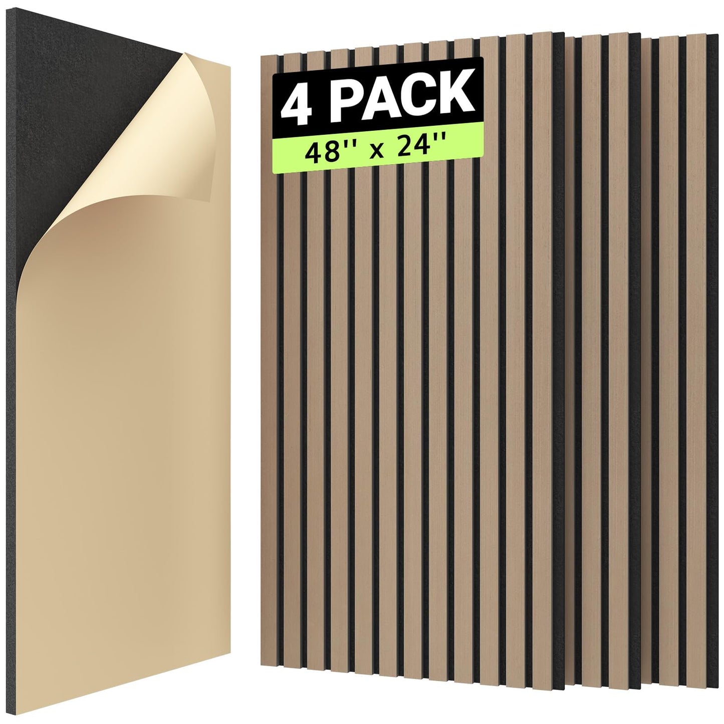 TONOR 4PCS Wood Slat Panels, 48” x 24”Adhesive Acoustic Panels for Wall, Decorative 3D Fluted Panels for Sound Absorbing, Soundproof Panels with Wood Finish for Living Room, Dark Walnut