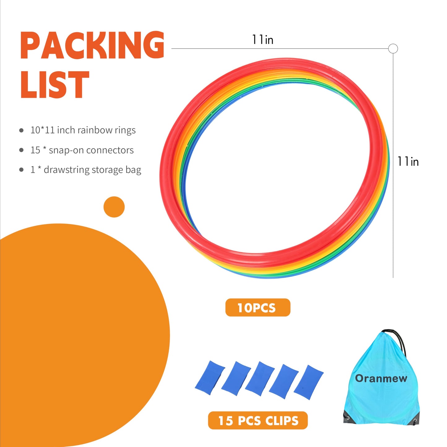 Oranmew Hopscotch Rings, 1-Set – 10 Round Hoops (11-inch) + 15 Connectors, Agility Rings for Kids, Builds Gross Motor Skills, Preschool & Kindergarten PE, Indoor/Outdoor Playground Obstacle Course