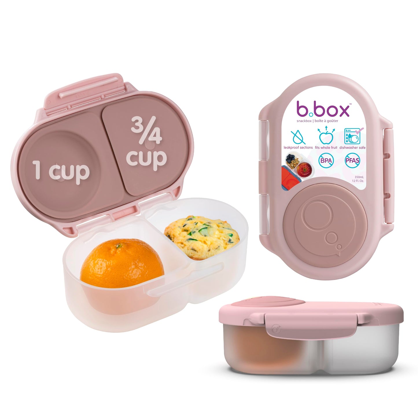 b.box Snack Box - Leakproof Mini Bento Box for Kids & Toddlers, 2 Compartment Snack Containers for Kids, Lunch Containers, Dishwasher Safe, BPA Free, PFAS Free, Ages 4m+, 1 3/4 Cup - Blush Crush