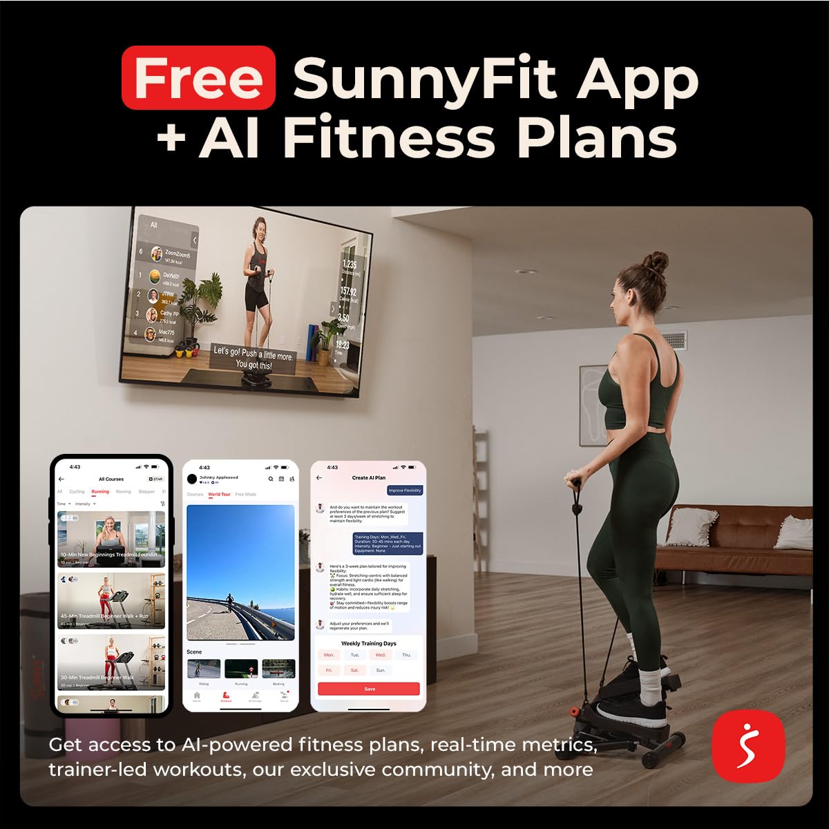 Sunny Health & Fitness Smart Twist Stepper with Resistance Bands, Bluetooth App Connectivity, Adjustable Step Height, 300 LB Capacity, Compact Mini Stair Step Machine