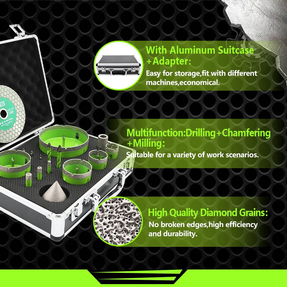 FACHLICH Tile Hole Saw Kit - 16pcs Diamond Hole Saw (6/8/10/25/35/50/65/100mm) with Finger Bit and Chamfer Bit, Tile Drill Bits for Porcelain Ceramic Marble Brick Granite