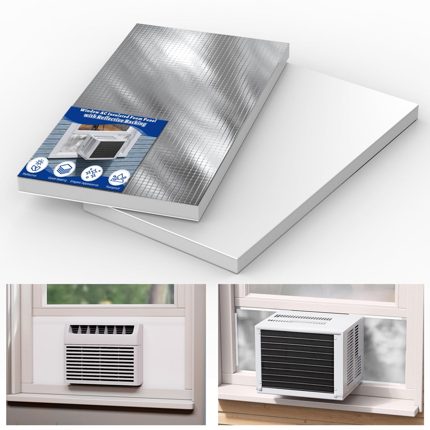 Wintcomfort Window Air Conditioner Insulated Foam Panels with Aluminum Foil, Waterproof Window AC Surround Insulation Panel with Top Seal Strip for Indoor Window AC Unit, Reflected Sunlight & Heat