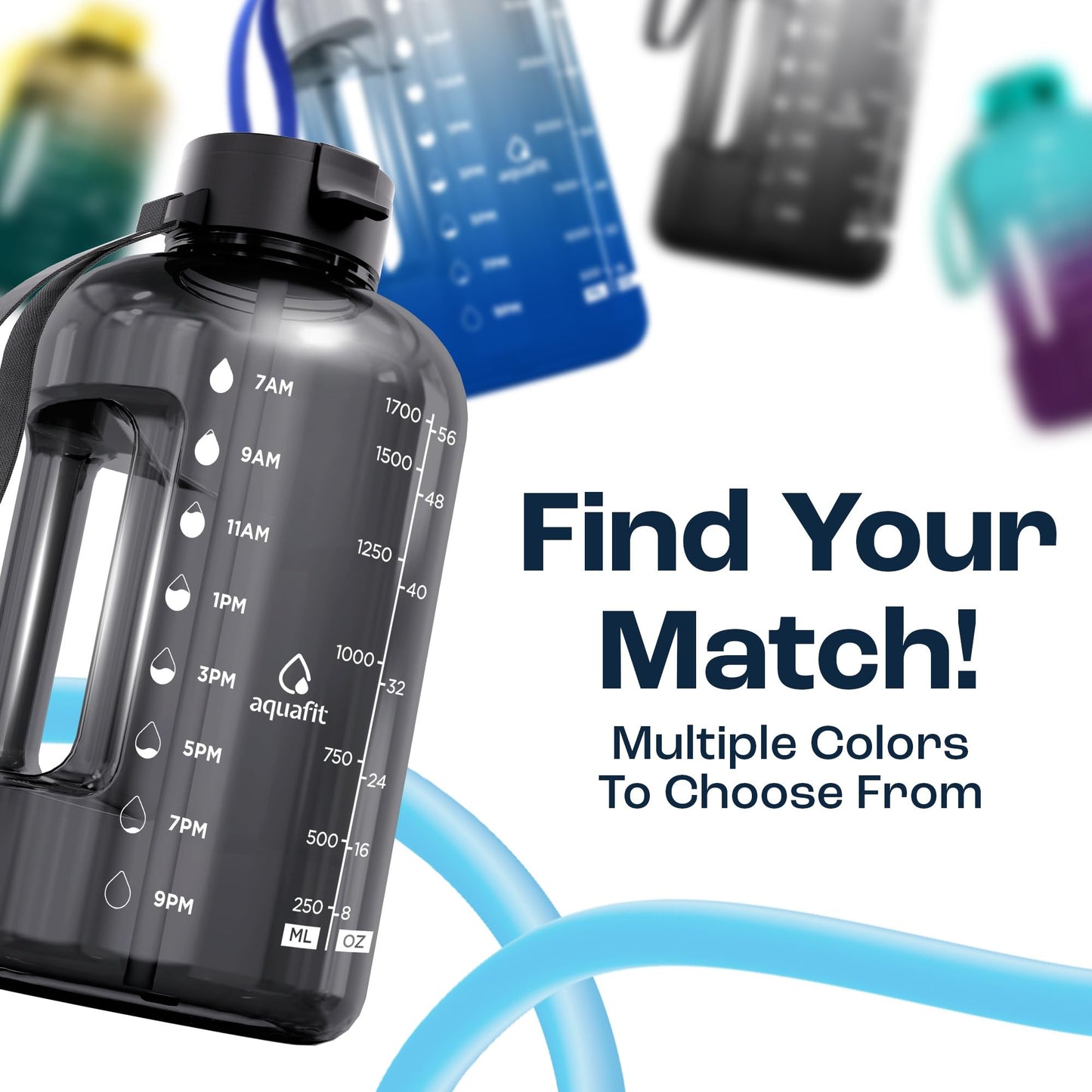 AQUAFIT 64 oz Water Bottle with Time Marker - Straw & Chug Lid - BPA Free Half Gallon Gym Water Bottle with Handle - Big Gallon Jug (Galaxy, 64 Ounces)