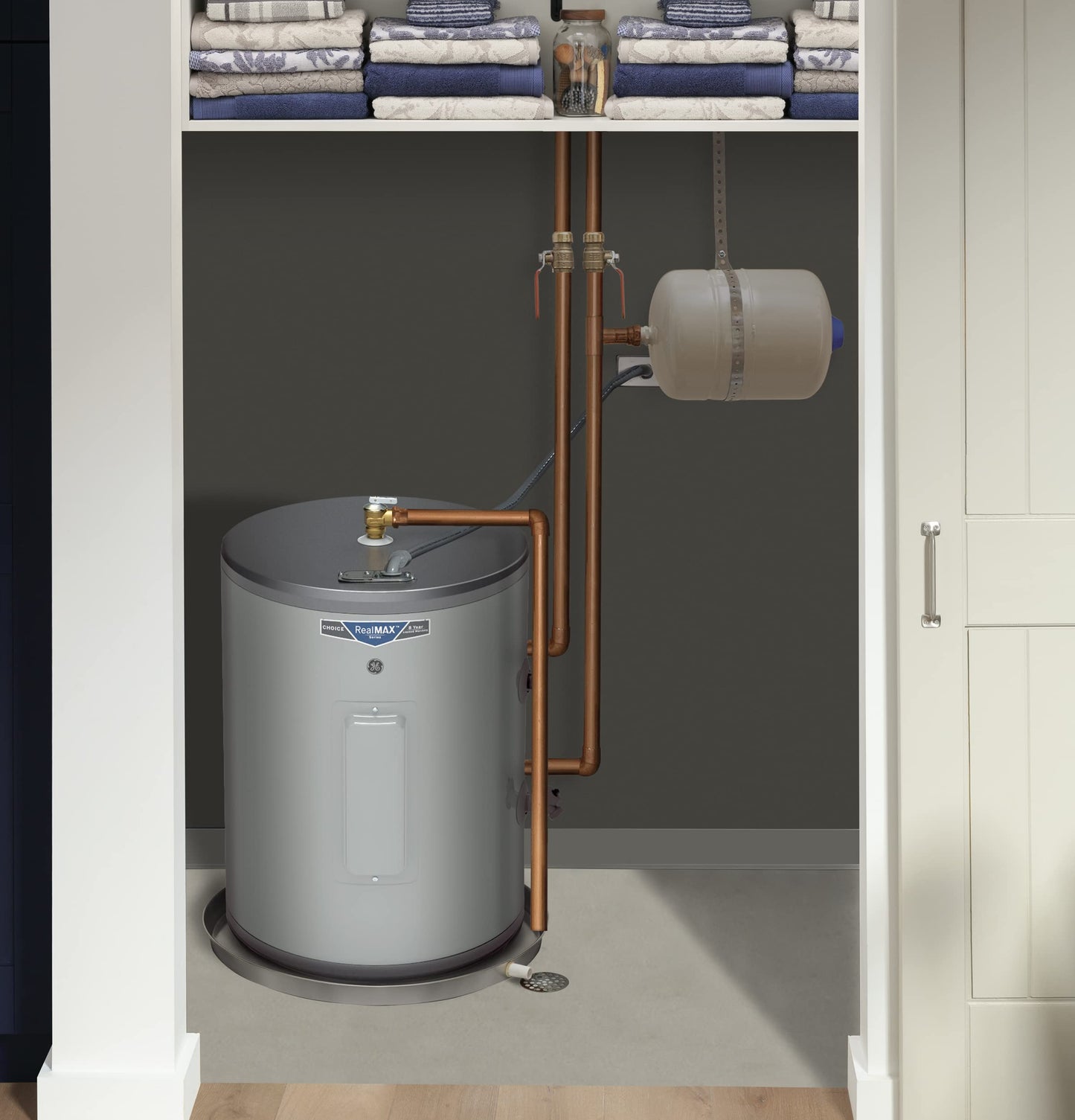 GE Appliances 18 Gallon Versatile Electric Water Heater with Adjustable Thermostat & Drain Valve, Side Port Lowboy, Point of Use, 240 Volt