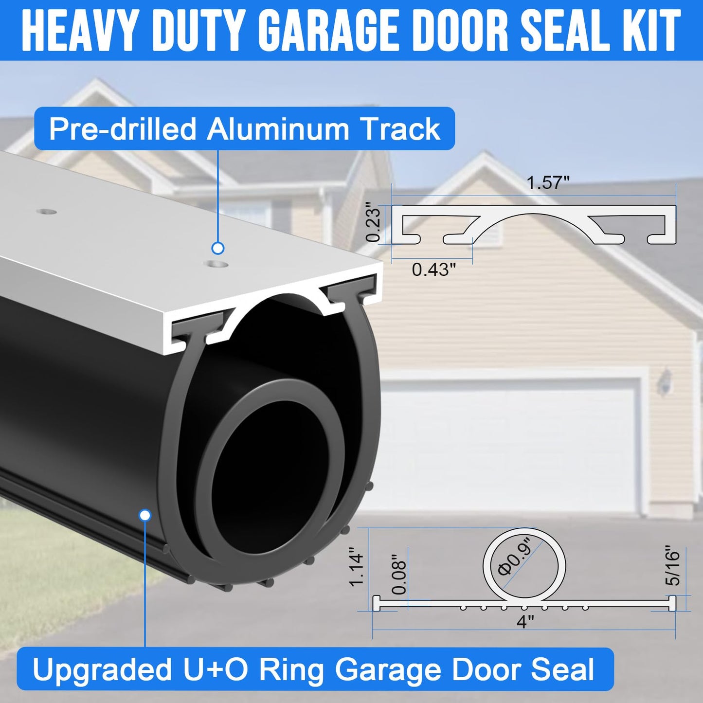 alophoty 8 FT Garage Door Seal Bottom Kit - Heavy Duty EPDM Rubber U+O Ring Weather Stripping with Pre-drilled Aluminum Track, Universal Replacement Stops Rain, Drafts & Pests, Easy to Install