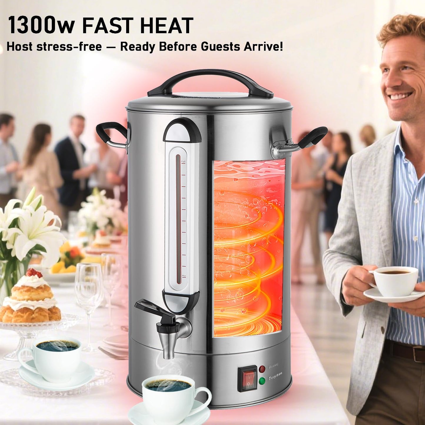 Fattong's Lab Commercial Coffee Urn, 120 Cup/20L Large Coffee Maker for Catering & Events, Stainless Steel Percolator, 1300W Quick Brew Hot Water Dispenser with Double Wall Insulation, Silver