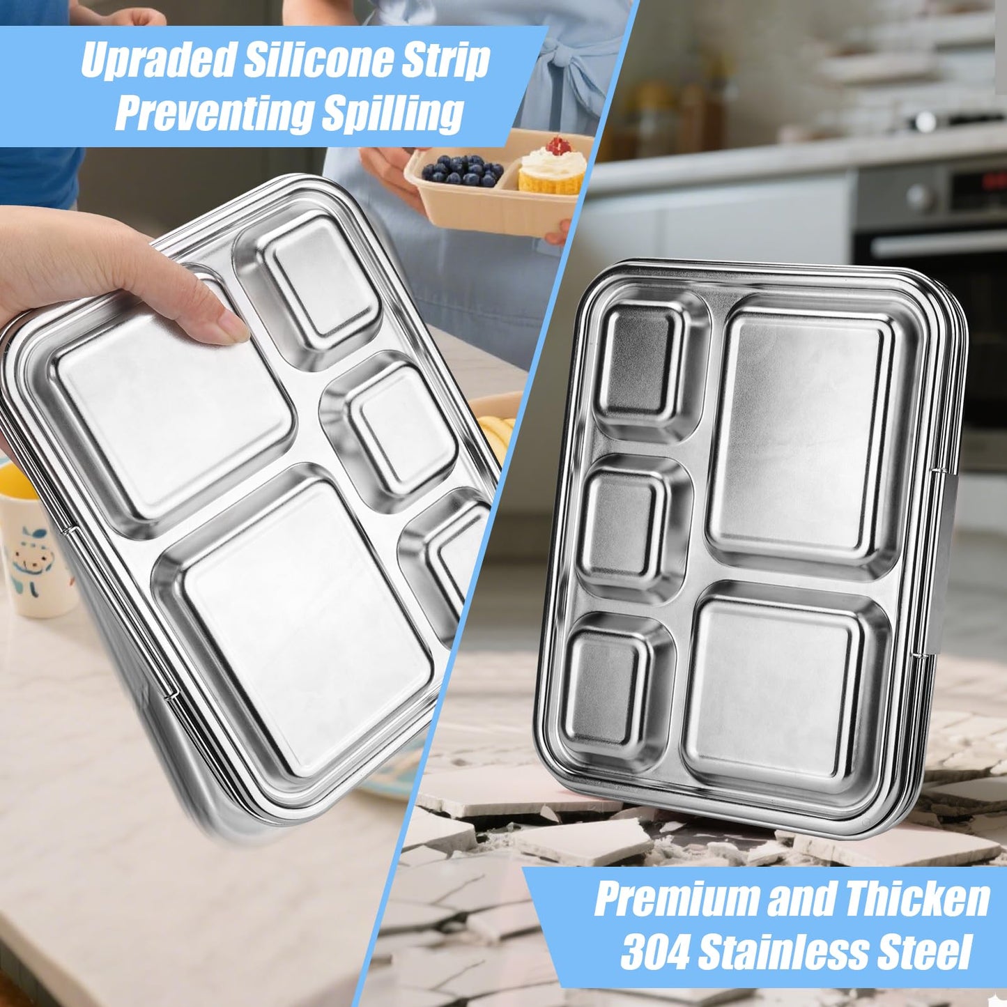 Palksky Lunch Bento Box Stainless Steel, Metal Bento Boxes for Kids Leak-Proof, 5 Compartments Lunchable Food Storage Containers with Lid for School, Office, Travel - Blue