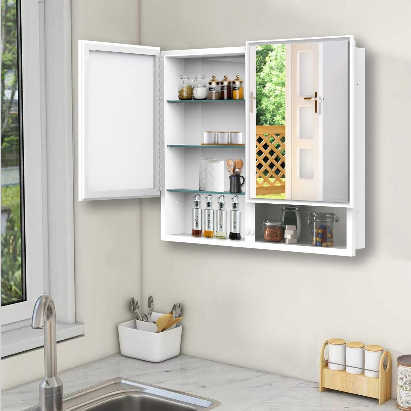 HESONTH 32x26 Inch Bathroom Medicine Cabinet with Mirror, Double Door Wall Mounted Storage with Extra Drawers, Bevel Edge Mirror, Adjustable Shelves, for Recessed or Surface Mount Installation
