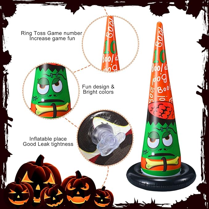 Capoda 16 Pcs Halloween Party Games Toys Inflatable Witch Hat Ring Toss Game with Plastic Toss Rings and Pump Halloween Indoor Outdoor Garden Game Supplies for Trick or Treat Family Games Decorations