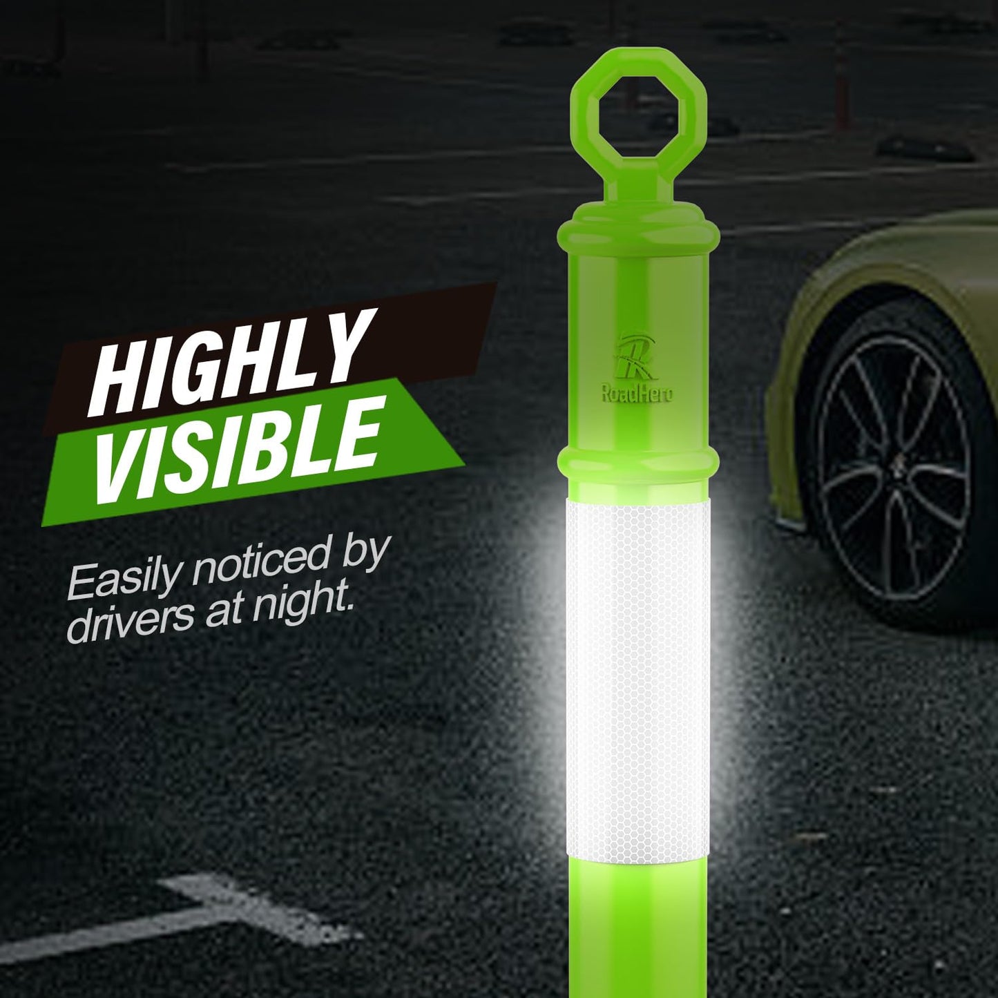 RoadHero 45 Inch Delineator Post with Base, Portable Lime Green Traffic Delineator Posts Cones with Reflective Collars for Parking Lots, Road Safety, Construction Events (6 Pack)