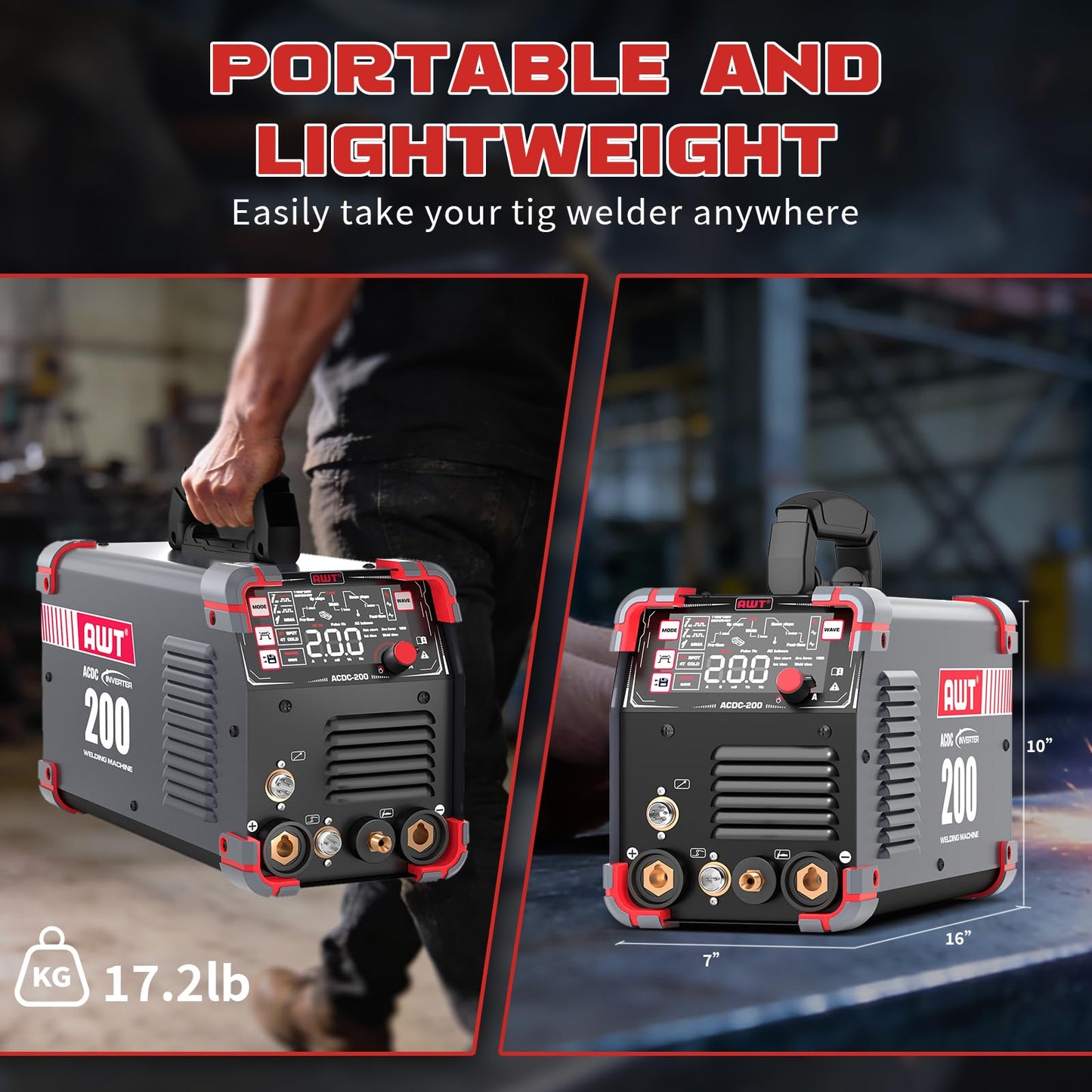AWT AC/DC 200A TIG Welder Machine With Pulse,10 IN 1 Aluminum TIG Welder 110V/220V With LED Display,AC DC HF TIG/PULSED TIG/COLD TIG/SPOT TIG/STICK Welding Machine with 2T/4T