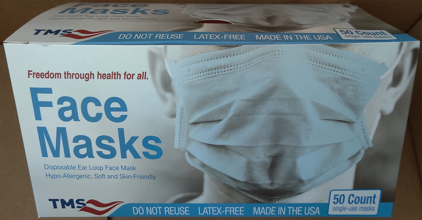TAIJI Medical Supplies TMS Consumer Series 3-Layer Face Mask by US98, Made in USA F3502 LV2 96% Filtration, Soft, Hypoallergenic and Highly Breathable, Premium Latex-free, Single-Use, 50-Count Box.