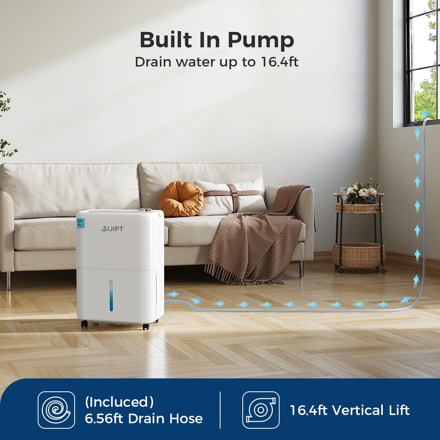 80 Pints Dehumidifier with Pump, Sijipt Energy Star Dehumidifier for Basement Home and Large Room with 6.56 inch Drain Hose, Auto-Shutoff 24H Timer, and Memory Starting