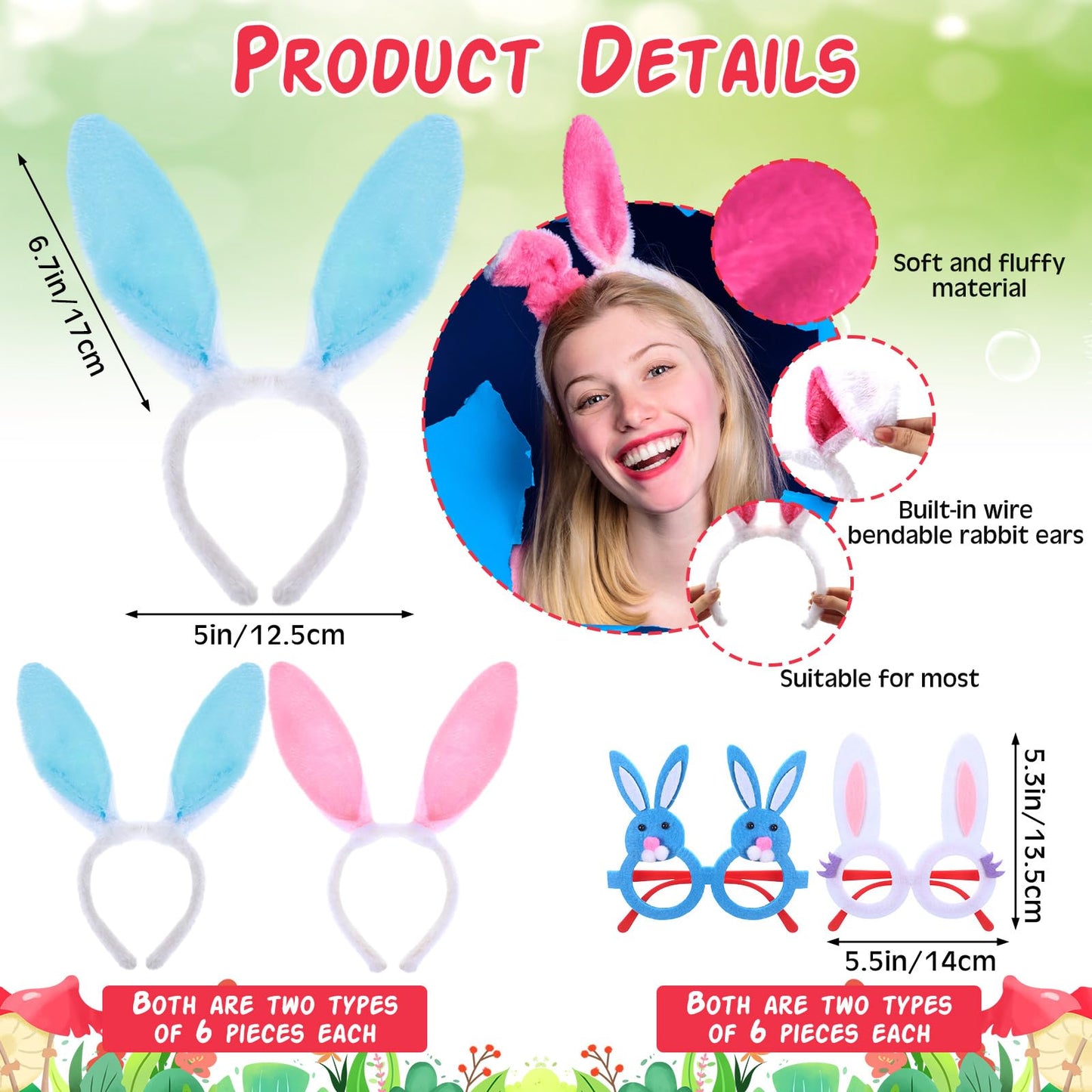 Seenelling 48 Pcs Easter Headbands and Glasses Set, Bunny Ears Bulk with Cute Bunny Glasses, Plush Spring Costume for Adults Easter Photo Props Party Favors