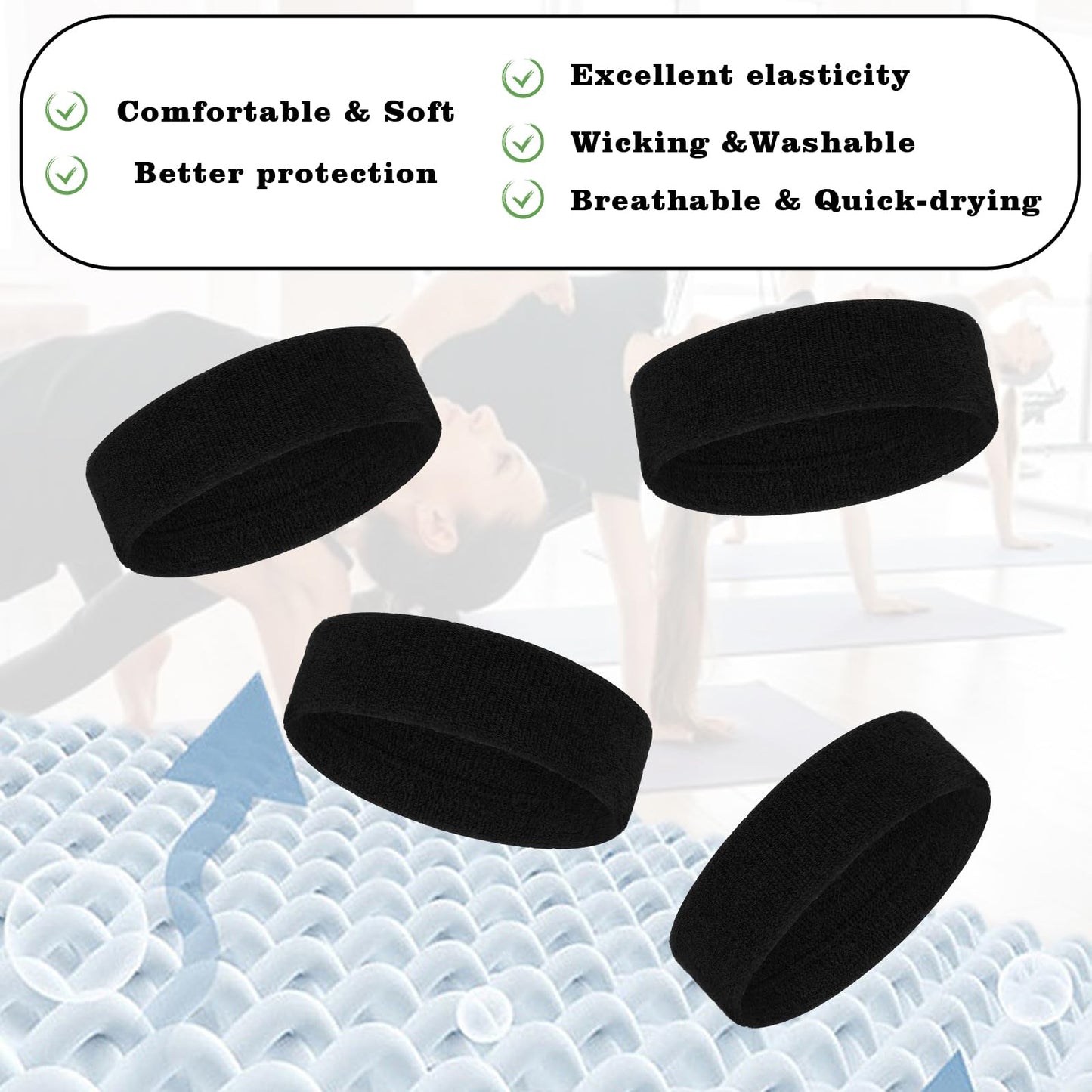 DOPENSPI 4PCS Sweat Band, Black Sweatbands Sport Headband for Men Women Polyester Moisture Wicking Head Band for Athletic Exercise Running Tennis Basketball Yoga Fitness Working Out