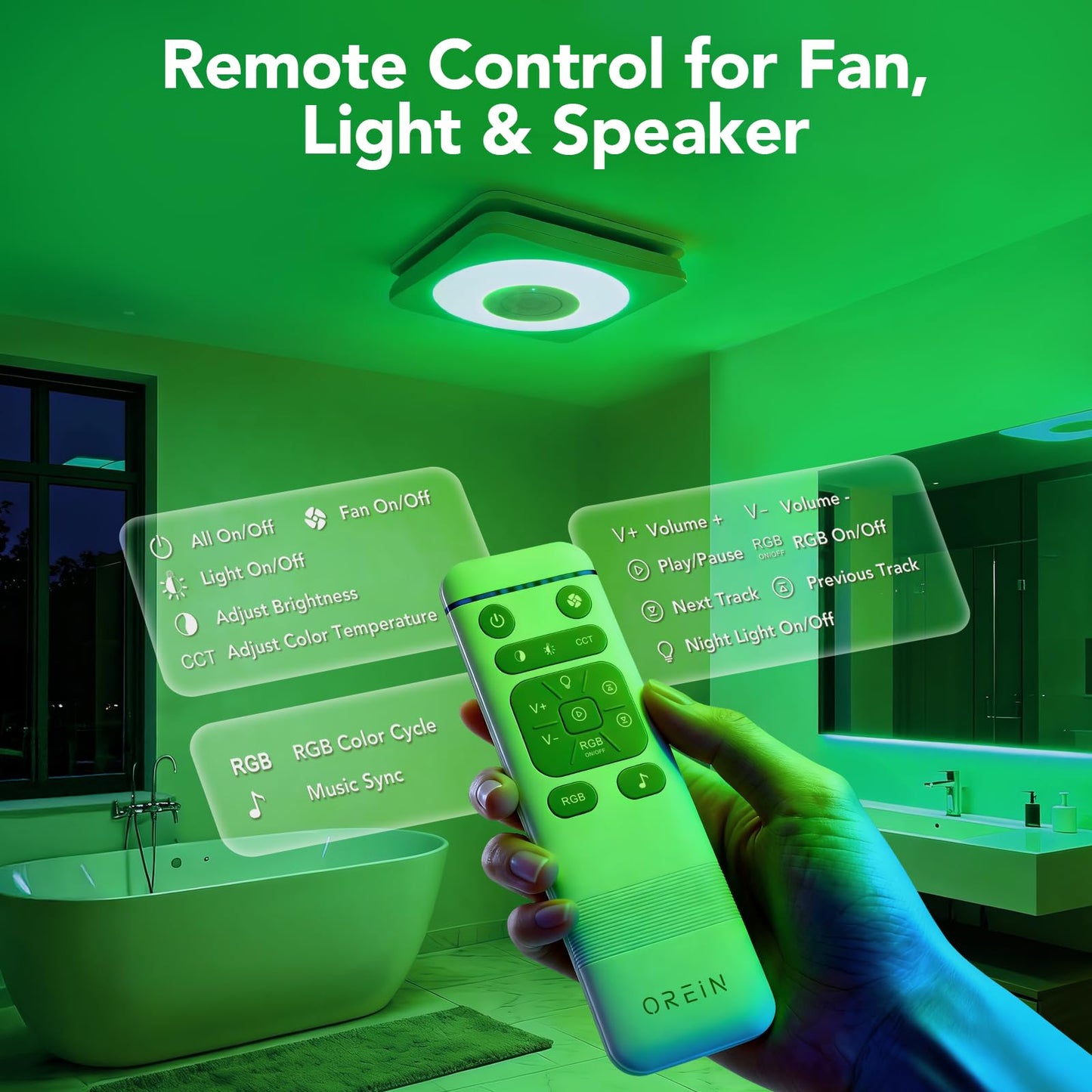 OREiN 3-in-1 Bathroom Exhaust Fan with Bluetooth Speaker & LED Light, 110/160 CFM Quiet Ventilation Fan, 1500LM, 2700K-6500K Adjustable, Night Light, Remote Control, 11.39" x 10.42" Ceiling Cut-Out