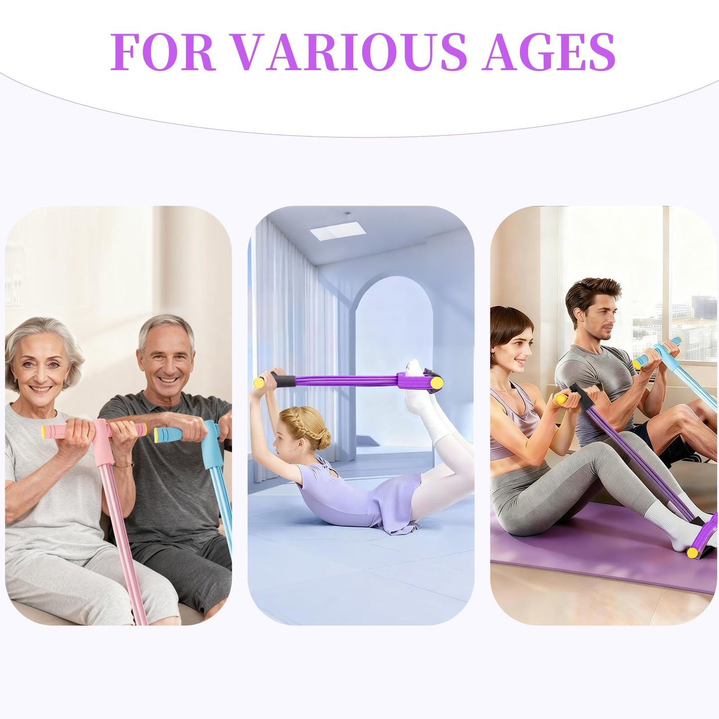 Pedal Resistance Bands with Handles, Upgrade 6-Tubes Manual Tension Training Pedal, Natural Rubber Foot Pedal Resistance Bands, Multifunction Fitness Bands for Abdomen, Waist, Arm, Leg (Purple)