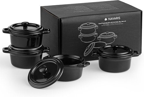Navaris Mini Cocotte Casserole Dish Set - Oven-Proof with Lid - Easy Clean | 4 x 8 oz (237 ml) - Black